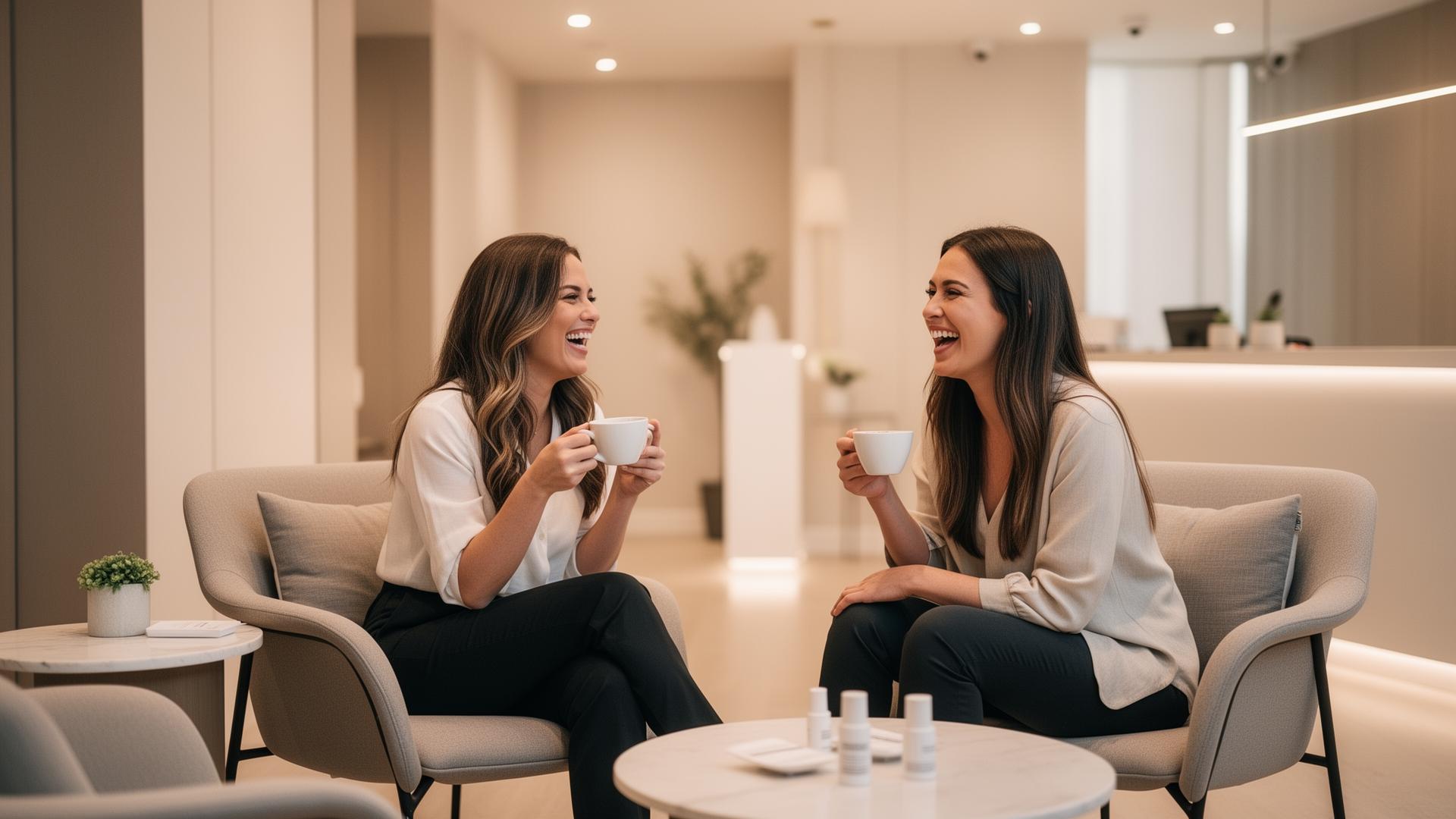 Duas pessoas conversando descontraídas em um ambiente acolhedor